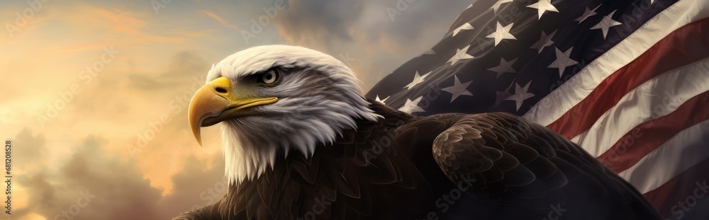 Fototapeta premium an eagle stands on the flag background Generative AI
