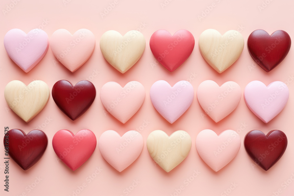 Colorful wooden hearts on pink wooden background.  