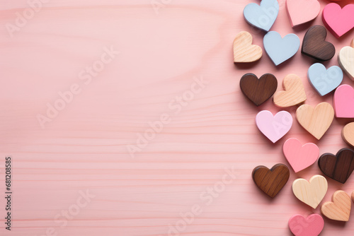Colorful wooden hearts on pink wooden background with copy space. © julijadmi