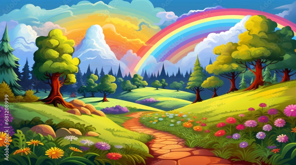 Fairytale cartoon landscape with a rainbow. Clear day in nature.