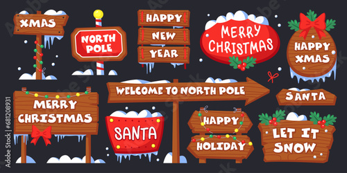 Cartoon Christmas signboards, wooden signs on pole, arrow signpost under snow vector illustration