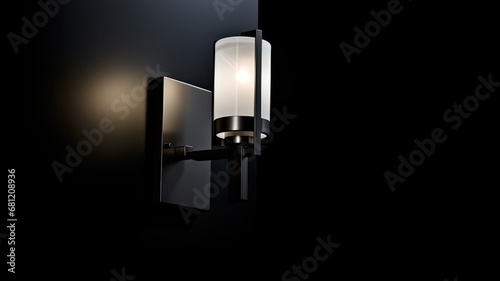 a modern premium wall lamp in an interior setting, with a dark white lighting effect against a black background, showcasing the lamp's contemporary design and ambiance.