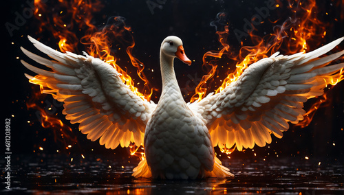 A white burning swan against a black background.