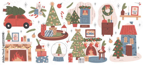 Set of Merry Christmas and Happy New Year home interior design with decorations and gift boxes