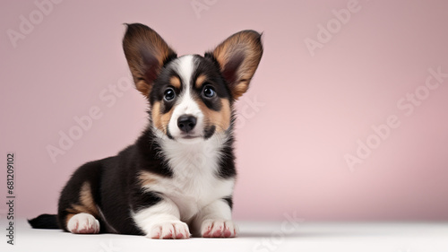 big-eared puppy welsh corgi cardigan, pink studio background. a dog, a touching pet. copy space. © MaskaRad