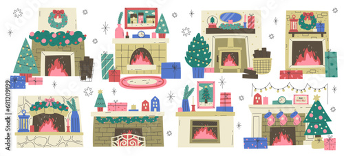 Christmas fireplaces home interior with decoration and ornament isolated set vector illustration