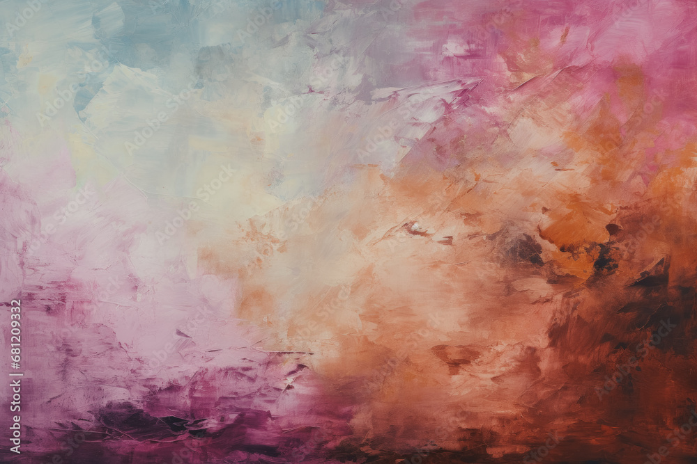 An expressive abstract painting featuring bold brushstrokes in shades of pink, orange, and blue, evoking a warm, vivid atmosphere.