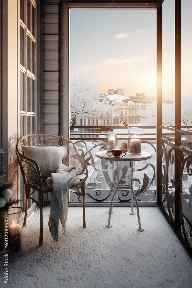 Cozy city terrace with elegant furniture in winter