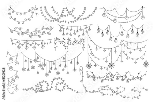Christmas and New Year or other holidays garland lights outline hand drawn set vector illustration