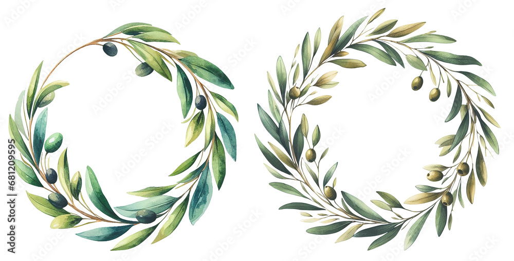 Watercolor hand drawn wreath with olive leaf and olives. Generative AI.