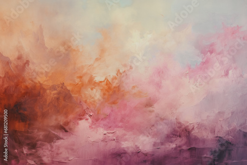 An expansive abstract painting with a warm palette of orange, pink, and white, evoking the feel of a serene, colorful sunrise. photo