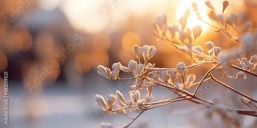 Winter season outdoors landscape, frozen plants in nature covered with ice and snow, under the morning sun. Seasonal background for Christmas wishes and greeting card