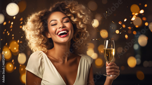 afro american female laughing holding a champagne glass in her hand