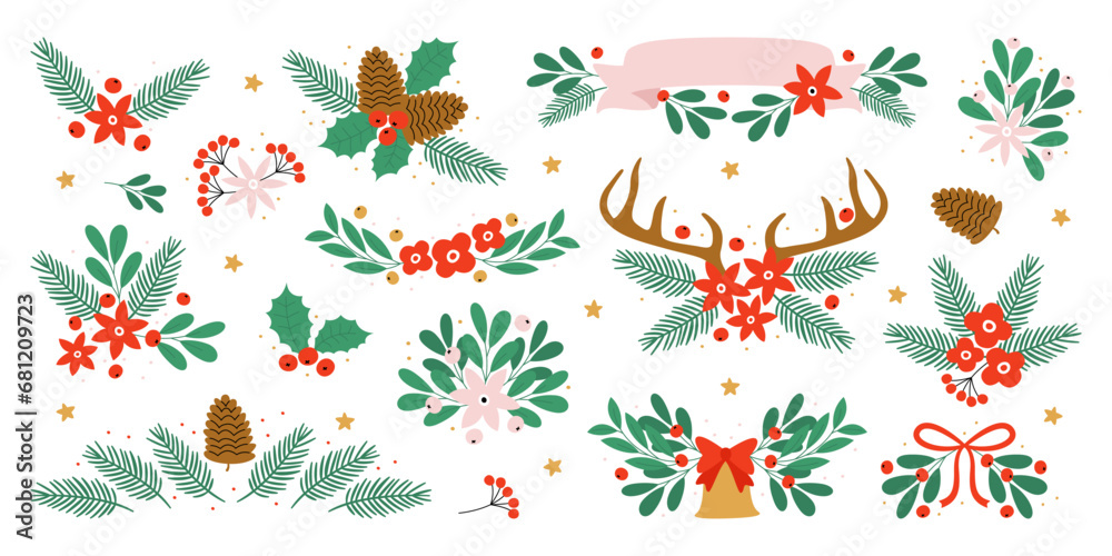 Floral Christmas ornaments with spruce branches, fir twigs, cones and mistletoe vector illustration