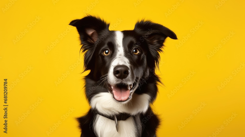 Close-up of delighted Border Collie on clean yellow backdrop. Close-up of delighted Border Collie on clean yellow backdrop.