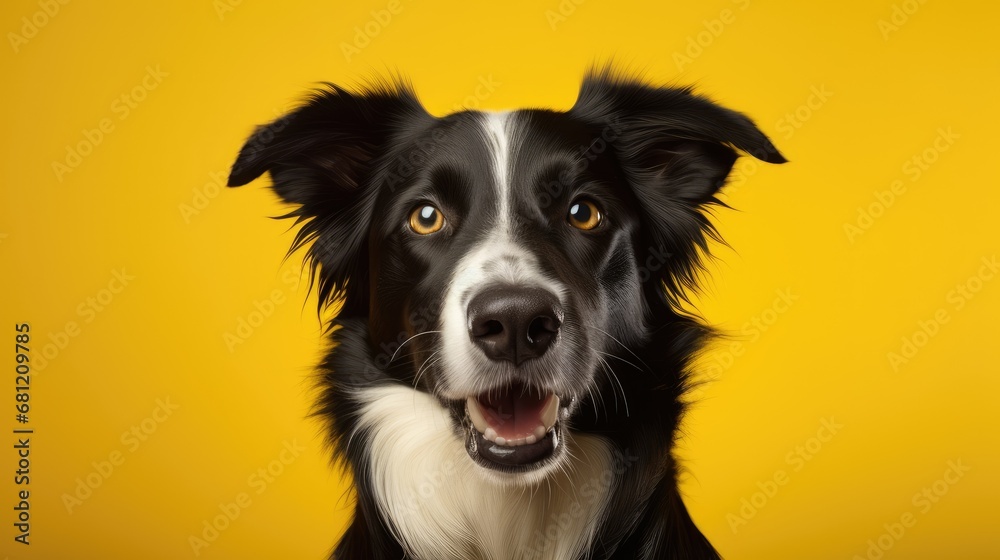 Close-up of delighted Border Collie on clean yellow backdrop.