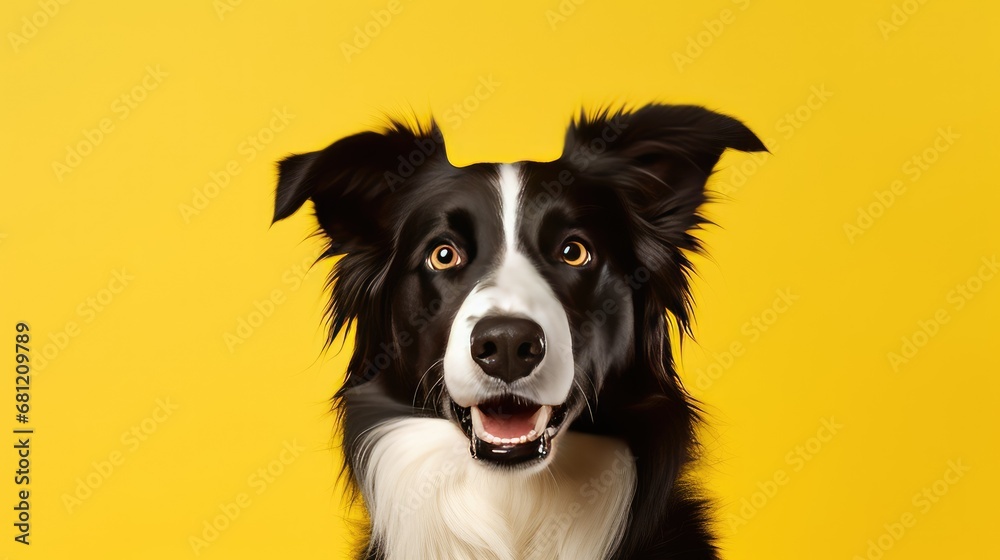 Close-up of delighted Border Collie on clean yellow backdrop.