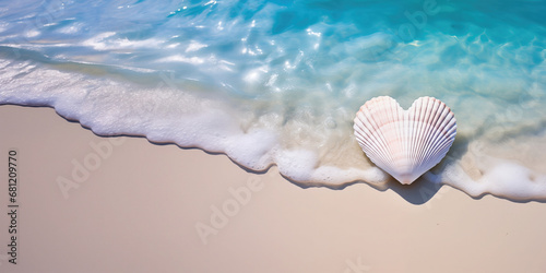 Fototapeta Naklejka Na Ścianę i Meble -  white heart shaped seashell lying in the sand with the blue sea and soft waves in background