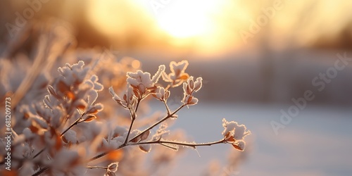 Winter season outdoors landscape, frozen plants in nature on the ground covered with ice and snow, under the morning sun. Seasonal background for Christmas wishes and greeting card photo