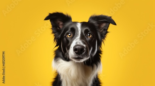 Close-up of delighted Border Collie on clean yellow backdrop. © jackson