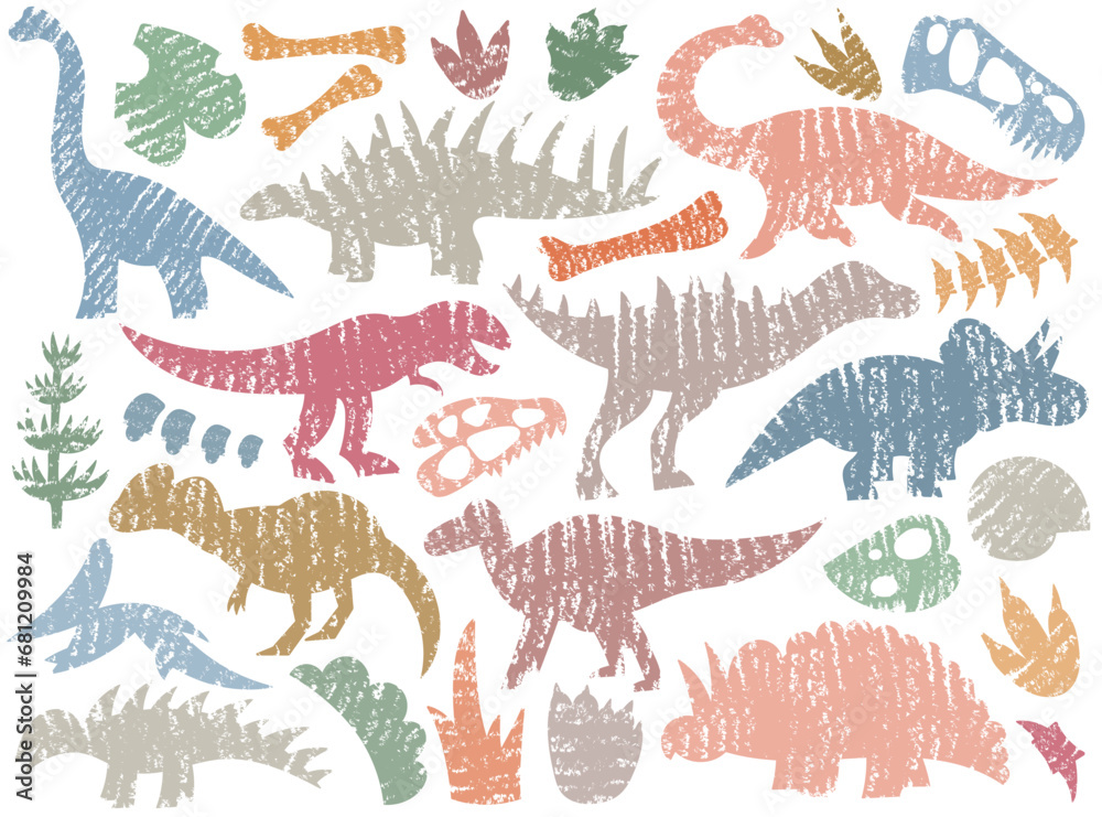 Colorful grunge dinosaur silhouette with bones and footprints isolated set vector illustration Colorful grunge dinosaur silhouette with bones and footprints isolated set vector illustration