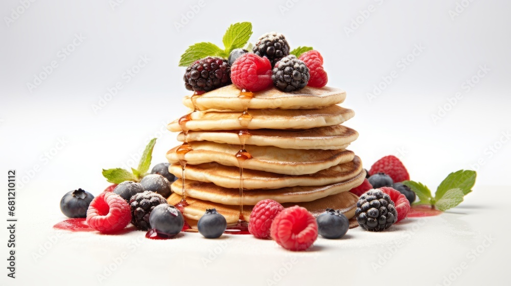 pancakes with honey and berries on the table. pancakes with honey and berries on the table.