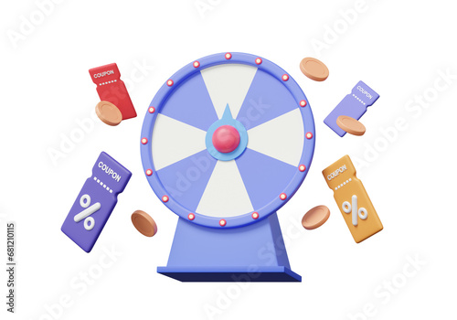 Fortune spin wheel with coupon coins floating on isolated background. business online shopping promotion marketing entertainment risk gamble event jackpot prize. elements. 3d render illustration