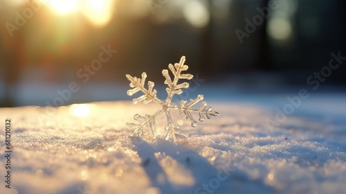 Winter season outdoors landscape, snowflake shape in nature on a forest ground covered with ice and snow, under the morning sun. Seasonal background for Christmas greeting card, New Year wishes