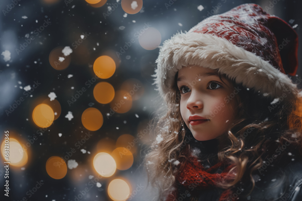 dreamy young girl with curly hair and a fur-trimmed hat, gazing into the distance as snow falls gently, with warm bokeh lights in the background. dreamy young girl with curly hair and a fur-trimmed hat, gazing into the distance as snow falls gently, with warm bokeh lights in the background.