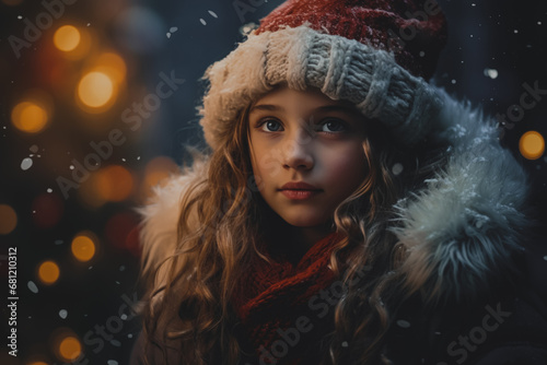 young girl in a red winter hat with a snowy backdrop, her wavy hair framing a face full of wonder and bokeh lights behind.