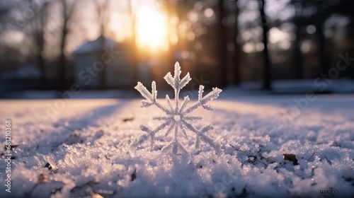 Winter season outdoors landscape, snowflake shape in nature on a forest ground covered with ice and snow, under the morning sun. Seasonal background for Christmas greeting card, New Year wishes photo