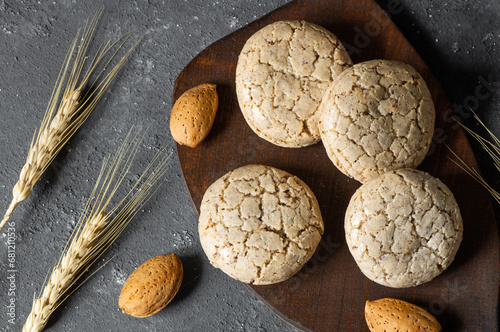 Almond cookie Acibadem with almond on rustic background, turkish cooky photo