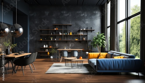Interior of modern living room with dark gray walls, wooden floor, comfortable sofa standing near round coffee table and bookcase.. Elegant Luxury Living Room.