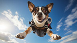 sky diver dog jumping trough the sky with shocked expression. generative ai