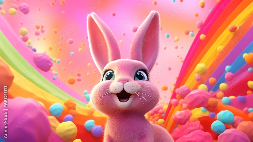 Obraz premium cartoon hare on a fairy tale background.