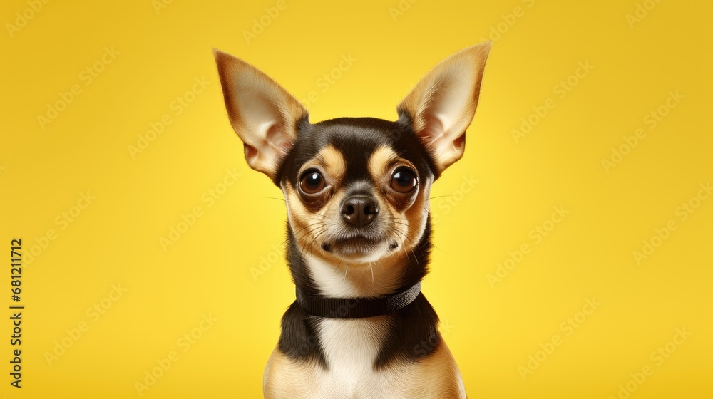 Close-up of joyful Chihuahua on clean yellow backdrop.