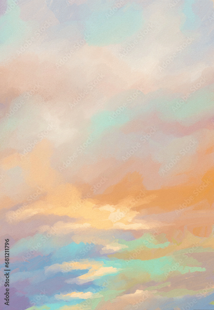Impressionistic Vibrant, Colorful Cloudscape, Seascape, Landscape at Sunrise Sunset in Orange, green & Blue or Teal or Aqua - Art, Digital Painting, Artwork, Design, Illustration, Seaside, Lakeside