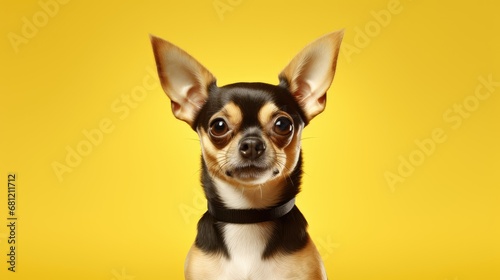 Close-up of joyful Chihuahua on clean yellow backdrop.