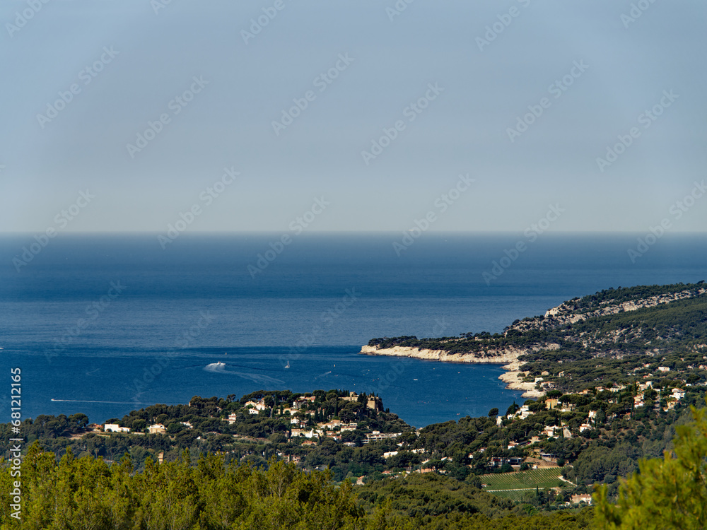 View of Cassis bay and la Cacau point from scenic motorway service area of Pas d'Oullier on A50, Cassis, France