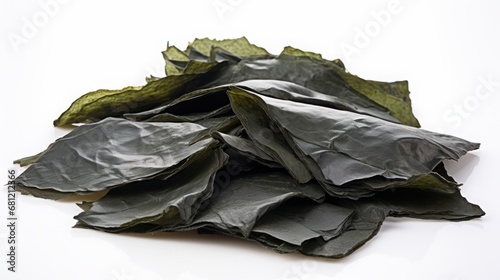 dry pressed edible seaweed on white background.