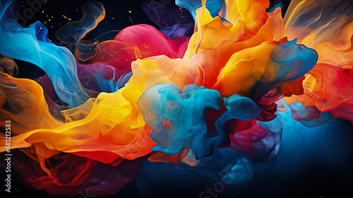 Colorful paint splashes isolated on black background. Colored Ink in water. Abstract backdrop