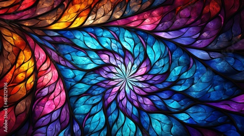 Stained glass window background with colorful whirlpool abstract.