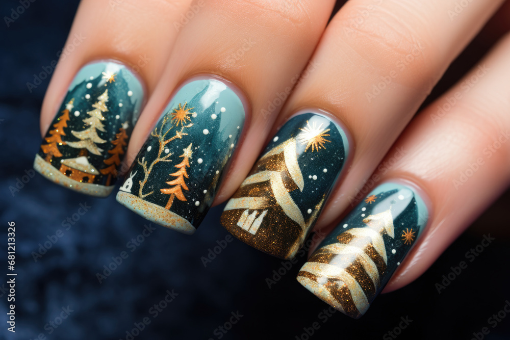 Woman's hands with manicured nail with Christmas ornaments Woman's hands with manicured nail with Christmas ornaments