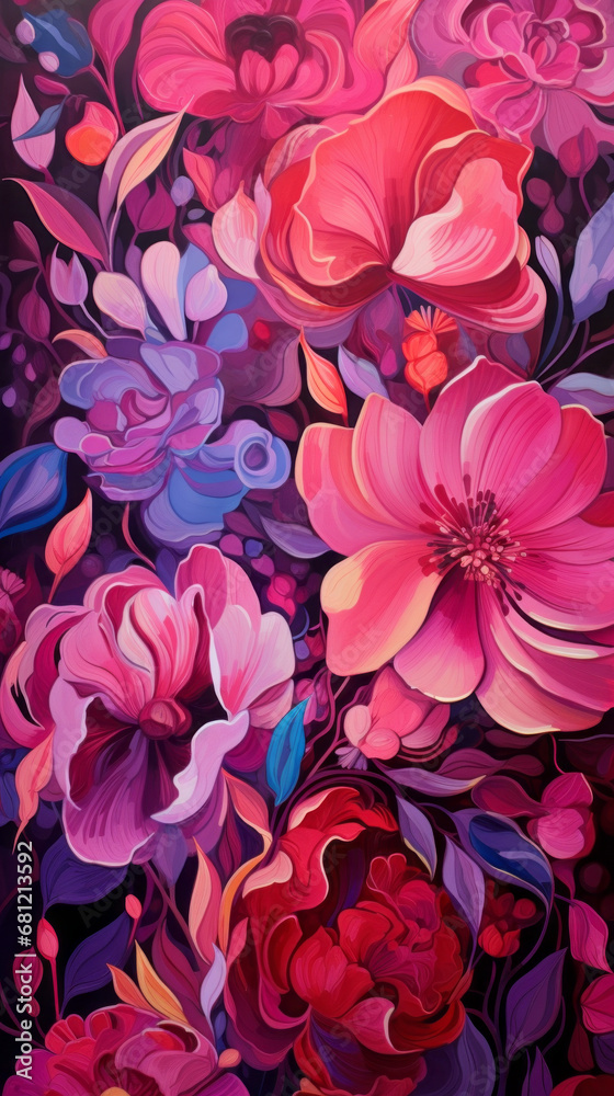 A vibrant floral pattern in shades of pink, magenta, and purple A vibrant floral pattern in shades of pink, magenta, and purple