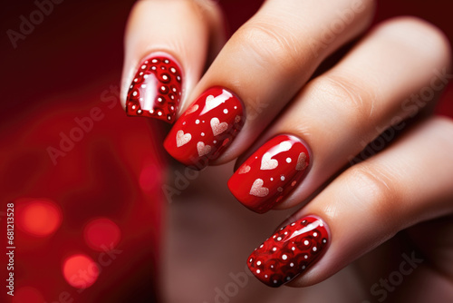 Woman's hands with red manicured nails for Valentine's day photo