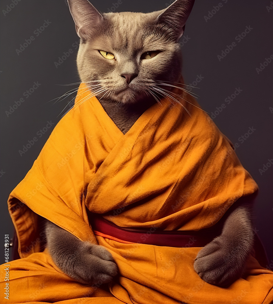 Black cat dressed in buddhist monk orange clad robe sitting in meditation pose. Funny animal image - obrazy, fototapety, plakaty 