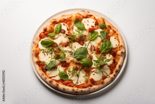 Pizza italiana su sfondo bianco con pomodori mozzarella e basilico freschi