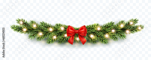 Christmas tree border with green fir branches, red bow and gold lights isolated on transparent background. Pine, xmas evergreen plants frame. Vector string garland decor