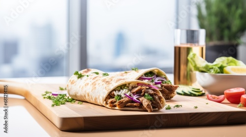 Buritto with meat and vegetables on a light background