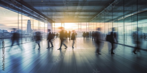 Hurry business people silhouettes walking during rush hour in their workplace. Motion blur effect and long exposure abstract photography